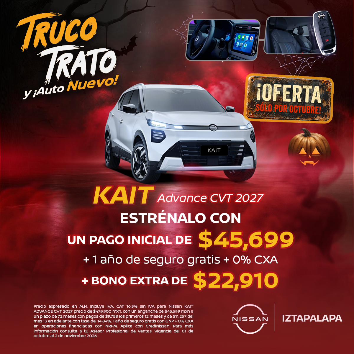 ESTRÉNALO CON UN PAGO INICIAL DE $45,699
+ 1 año de seguro gratis + 0% CXA